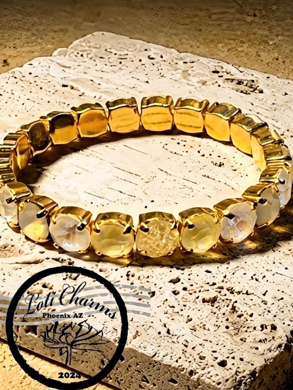 Sweet Yellow Meringue Pie In Premium Crystals On Stretchy Bracelet Gold Plated